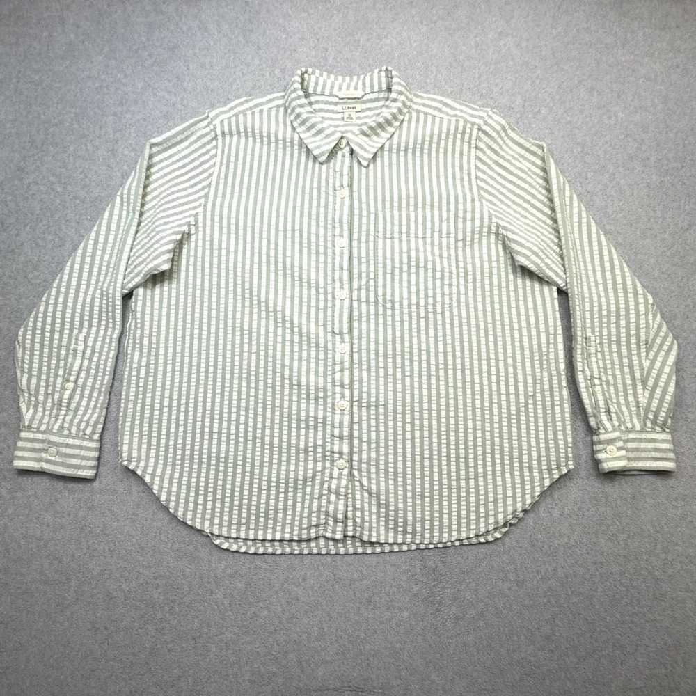 LL Bean Seacoast Seersucker Shirt Womens Petite XL Green Stripe Long Sleeve